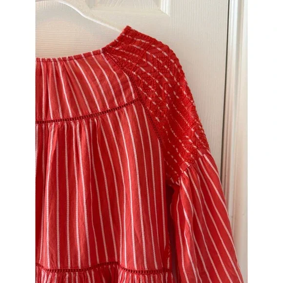 Free People Lola Embroidered Tiered Mini Dress Boho Festival Tassel Tie - Picture 3 of 9